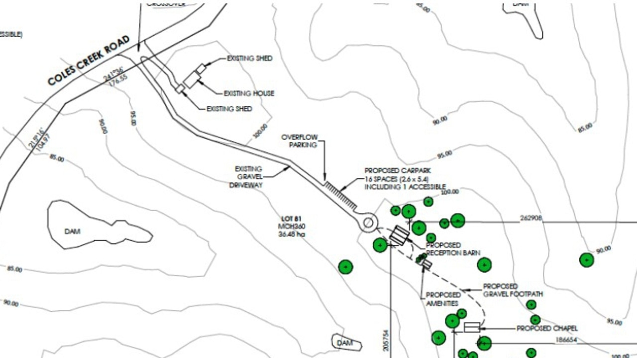 The proposed venue would include a chapel, barn, toilets, and parking on the 36ha block Coles Creek Rd block.