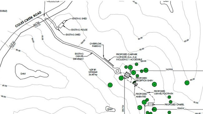 The proposed venue would include a chapel, barn, toilets, and parking on the 36ha block Coles Creek Rd block.