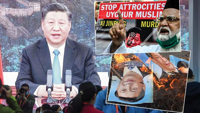 Chinese President Xi Jinping (main picture) is respected, but also feared. Muslims hold a placard displaying his picture as they protest Chinese government's policies on Muslim Uighur minorities (top right) and activists of Siliguri Youth Congress burn posters and effigy of him during an anti-China protest in Siliguri in June ((bottom right) Pictures: AFP