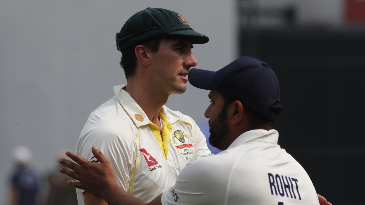 Pat Cummins of Australia interacts with the Rohit Sharma of India after the match during day three of the Second Test match in the series between India and Australia at Arun Jaitley Stadium on February 19, 2023 in Delhi, India. (Photo by Pankaj Nangia/Getty Images)