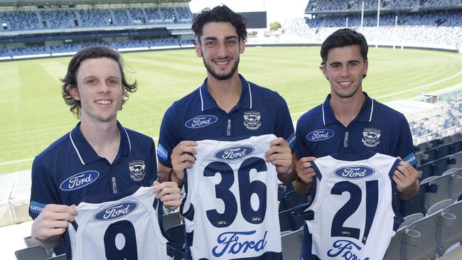 Geelong’s newest draftees Max Holmes, Paul Tsapatolis and Nick Stevens will all be hoping for an AFL debut in 2021. Picture: Alan Barber