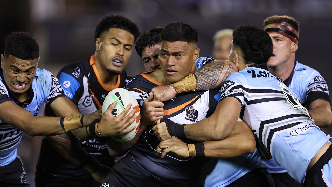 Stefano Utoikamanu says a decision on his future will be made this weekend, with the prop forward conceding his form at the Wests Tigers has dipped during his contract negotiations. Picture: Brendon Thorne/Getty Images