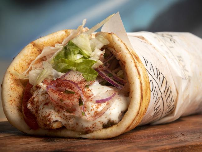 A classic mixed lamb and chicken souvlaki from the Parthenon at Moonah. Picture: Chris Kidd