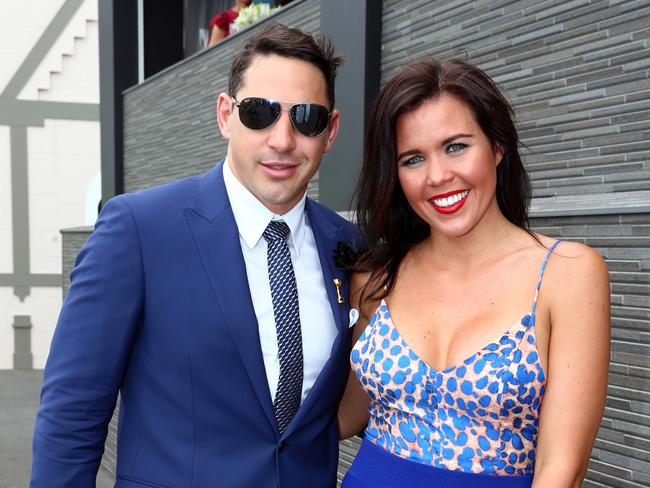 Billy and Nicole Slater in the Birdcage at Flemington Racecourse during the Melbourne Cup.