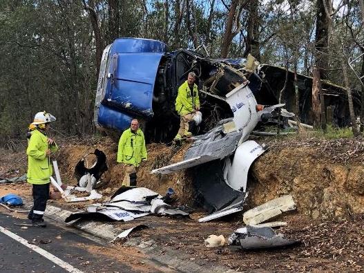 Aftermath of a crash in which a truck rolled on The Panorama and Worongary Road at Worongary. Picture: QAS.