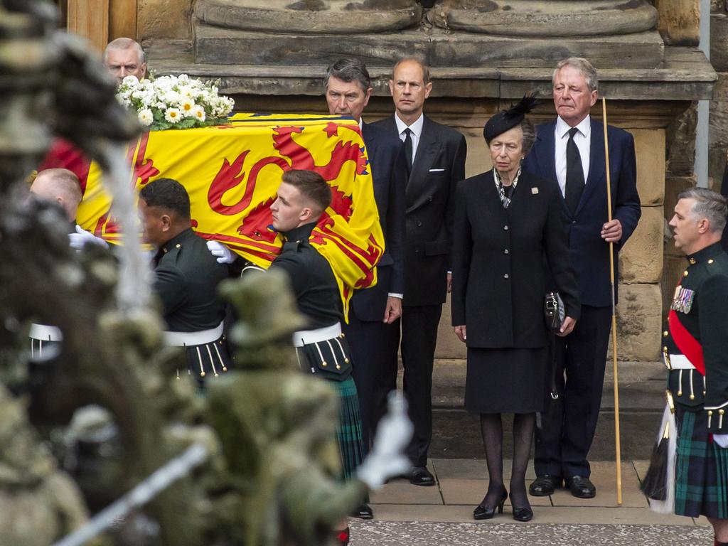 The royals receive the hearse carrying the coffin of the Queen at Holyroodhouse. Picture: Lisa Ferguson – WPA Pool/Getty Images