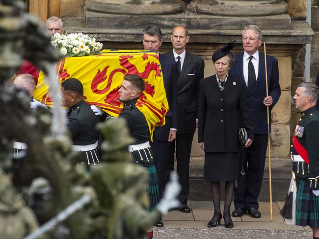 The royals receive the hearse carrying the coffin of the Queen at Holyroodhouse. Picture: Lisa Ferguson - WPA Pool/Getty Images