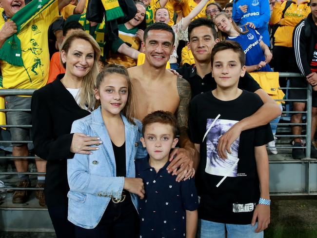 Cahill with wife Bek and children Sienna, Cruz, Kyah and Shae after the Socceroos international friendly match against Lebanon at ANZ Stadium in 2018. Picture: Toby Zerna