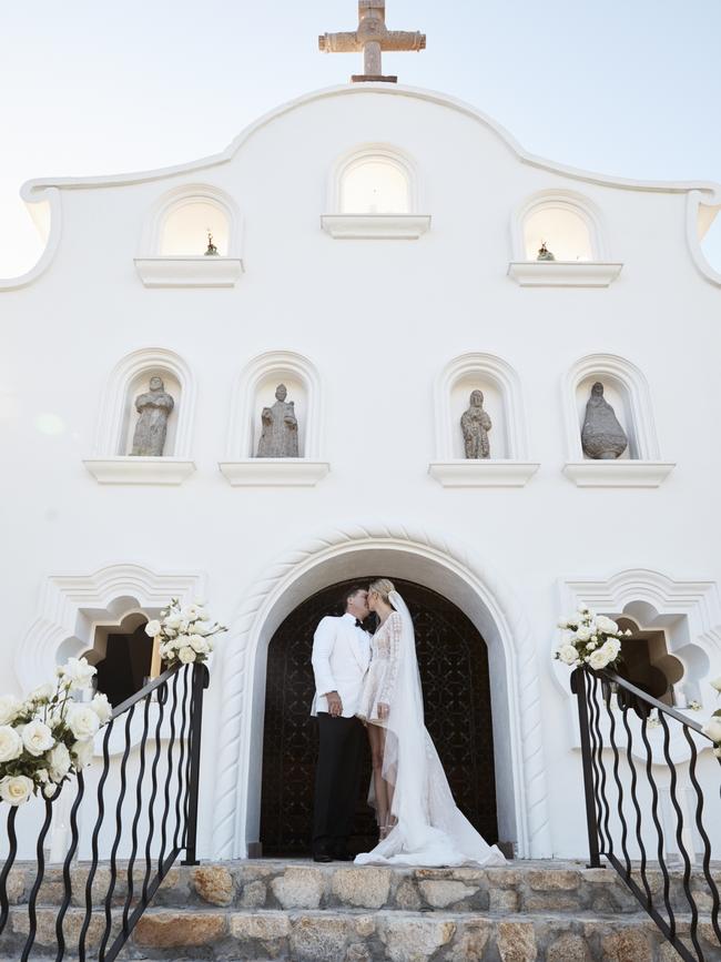 Karl Stefanovic and Jasmine Yarbrough outside the Mexican chapel where they held their wedding ceremony.