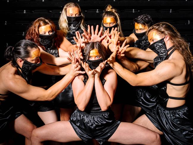 L-R Dancers Kimball Wong, Gabrielle Nankivell, Christopher Mills, Sophie Stuut (middle), Darci OÃRourke, Harrison Elliot and Rowan Rossi from Australian Dance Theatre, who are appearing in the Adelaide Festival next year. The new production created by artistic director Garry Stewart is called Supernature. Monday, November 16, 2020. (The Australian, Morgan Sette)