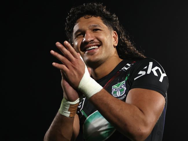 AUCKLAND, NEW ZEALAND - MAY 26: Dallin Watene-Zelezniak of the Warriors thanks fans after winning the round 12 NRL match between New Zealand Warriors and Dolphins at Go Media Stadium Mt Smart, on May 26, 2024, in Auckland, New Zealand. (Photo by Hannah Peters/Getty Images)