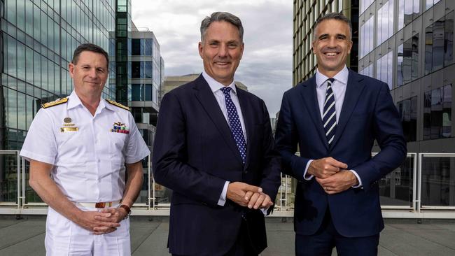 20,February, 2024: Vice Admiral Mark Hammond, Deputy Prime Minister of Australia Richard Marles and South Australian Premier Peter Malinauskas at the Defending Australia round table held at The Advertiser. Picture: Kelly Barnes