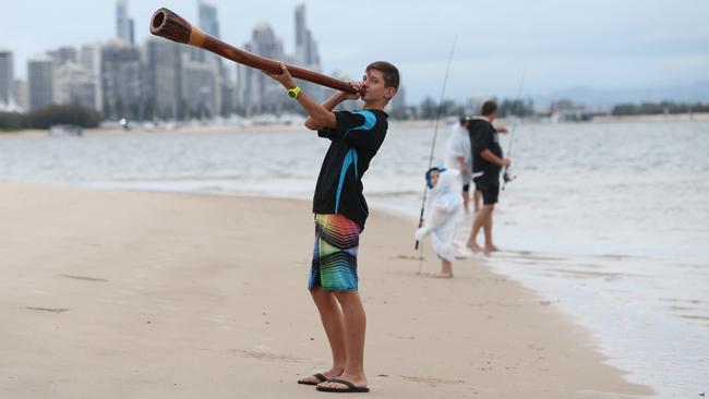 Ethan Nihot, 13, with Gamlaraay heritage, will play with the Yugambeh people who are putting on a didgeridoo orchestra for the Commonwealth Games opening ceremony. Picture: Lyndon Mechielsen/The Australian