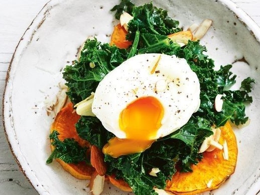 Eggs with sweet potato and kale.