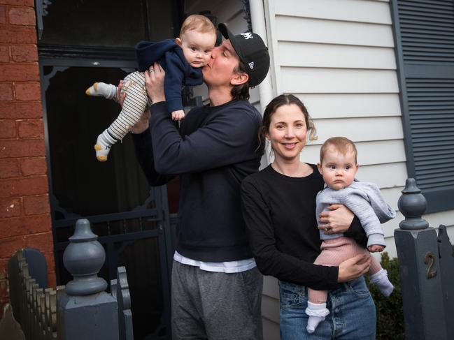 Nick and Amy Van Bekkum with their 8-month-old twins Freddy and Poppy. Amy will continue to take their babies to the doctor during COVID-19.Photograph by Paul JeffersThe Australian30 Aug 2020