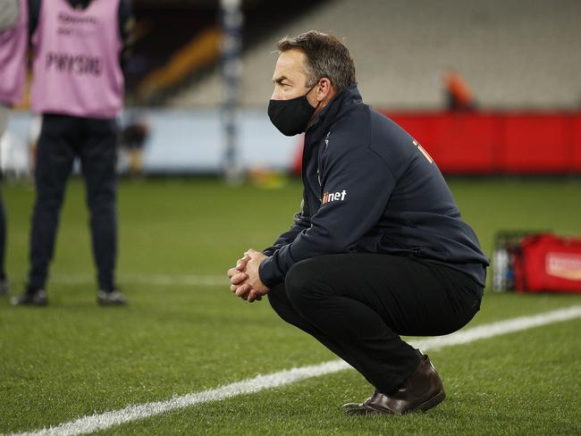 MELBOURNE, AUSTRALIA - JULY 17: Hawks head coach Alastair Clarkson looks on before the round 18 AFL match between Melbourne Demons and Hawthorn Hawks at Melbourne Cricket Ground on July 17, 2021 in Melbourne, Australia. (Photo by Daniel Pockett/AFL Photos/via Getty Images)