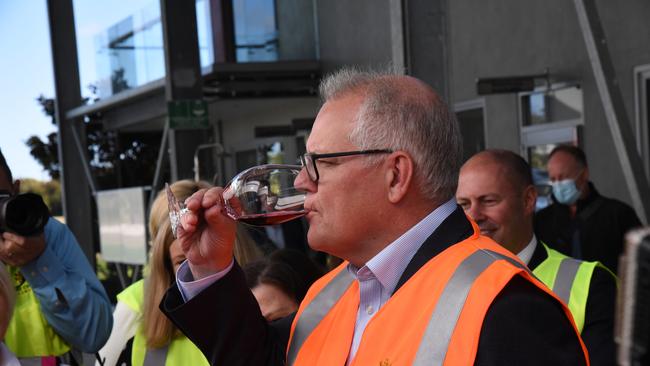 Scott Morrison samples the pinot noir at Josef Chromy Wines. Picture: News Corp Australia