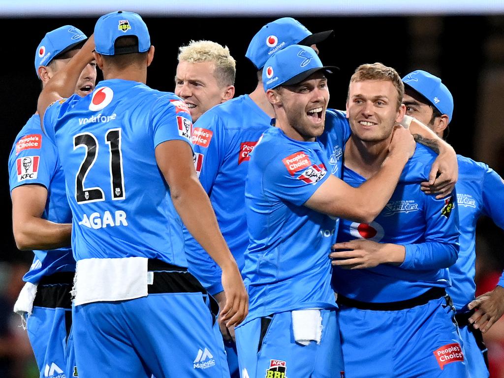 Danny Briggs of the Strikers celebrates taking a wicket.