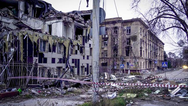 The Russian-controlled Azov Sea port city of Mariupol in southeastern Ukraine in ruins.