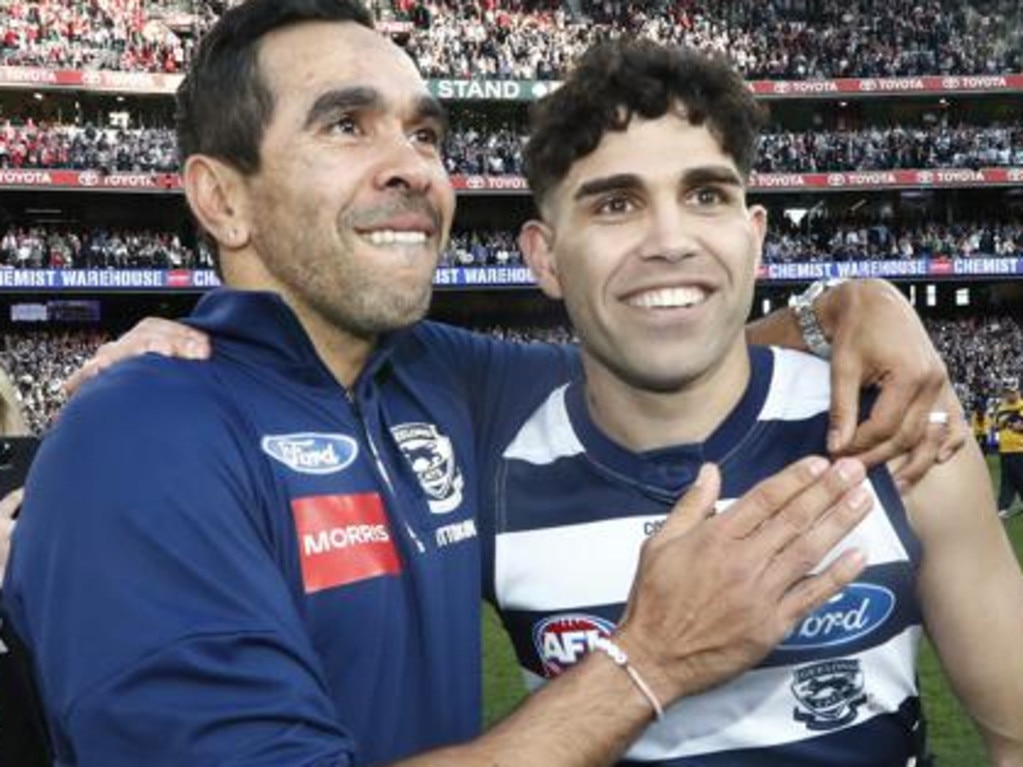 Eddie Betts and Tyson Stengle after the 2022 Grand Final. (Photo by Darrian Traynor/AFL Photos/via Getty Images)