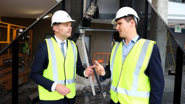 Master Builders SA chief executive, pictured right, with treasurer Stephen Mullighan, says building new homes is the only way to address Adelaide’s “extremely tight” rental market. Picture: NCA NewsWire/Kelly Barnes