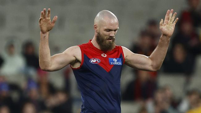MELBOURNE, AUSTRALIA - JULY 23: Max Gawn of the Demons celebrates on the final siren after winning the round 19 AFL match between Melbourne Demons and Adelaide Crows at Melbourne Cricket Ground, on July 23, 2023, in Melbourne, Australia. (Photo by Daniel Pockett/Getty Images)