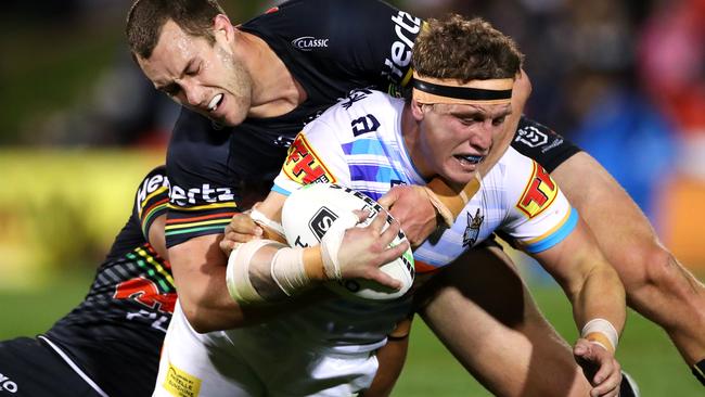 SYDNEY, AUSTRALIA - JULY 12: Jarrod Wallace of the Titans is tackled during the round 17 NRL match between the Penrith Panthers and the Gold Coast Titans at Panthers Stadium on July 12, 2019 in Sydney, Australia. (Photo by Cameron Spencer/Getty Images)