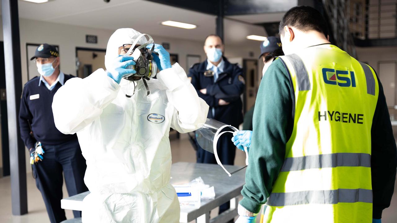 Staff at Sydney’s Silverwater Prison practise Covid-19 cleaning skills in July. A union has said NSW inmates should be made to get jabbed against the coronavirus. Picture: Supplied