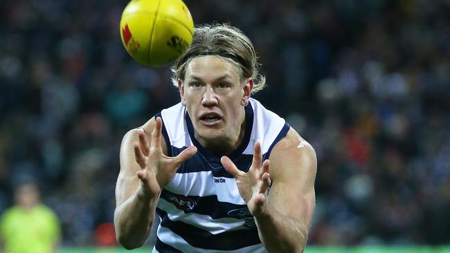 Rhys Stanley of the Cats during the Round 17 AFL match between the Geelong Cats and the St Kilda Saints at GMHBA Stadium in Geelong, Saturday, July 13, 2019. (AAP Image/George Salpigtidis) NO ARCHIVING, EDITORIAL USE ONLY
