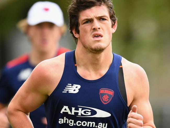 MELBOURNE, AUSTRALIA - NOVEMBER 07: Angus Brayshaw of the Demons runs during a Melbourne Demons AFL pre-season training session at Gosch's Paddock on November 7, 2016 in Melbourne, Australia. (Photo by Quinn Rooney/Getty Images)