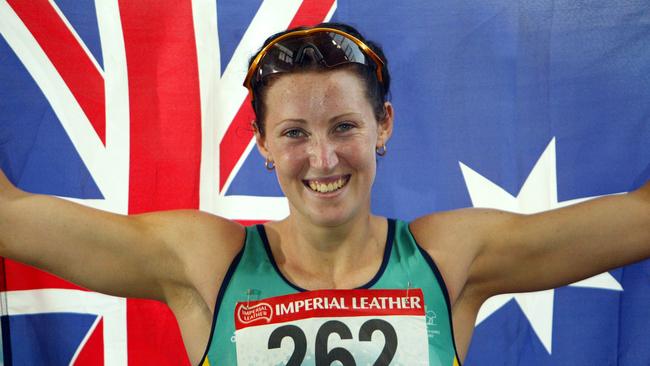 Athlete Jana Pittman after winning women's 400m hurdles at 2002 Commonwealth Games in Manchester 28 Jul 2002.