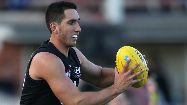 Jacob Weitering of the Blues during the Round 5 AFL match between the Fremantle Dockers and the Brisbane Lions at Fremantle Oval in Perth, Sunday, March 8, 2020. (AAP Image/Sean Garnsworthy) NO ARCHIVING, EDITORIAL USE ONLY