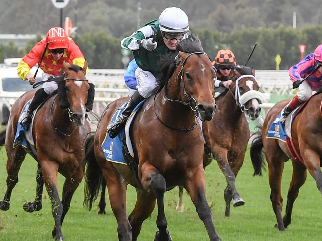 Growing Empire ridden by Mark Zahra wins the Winning Edge Presentations Poseidon Stakes at Flemington Racecourse on September 14, 2024 in Flemington, Australia. (Photo by Brett Holburt/Racing Photos via Getty Images)