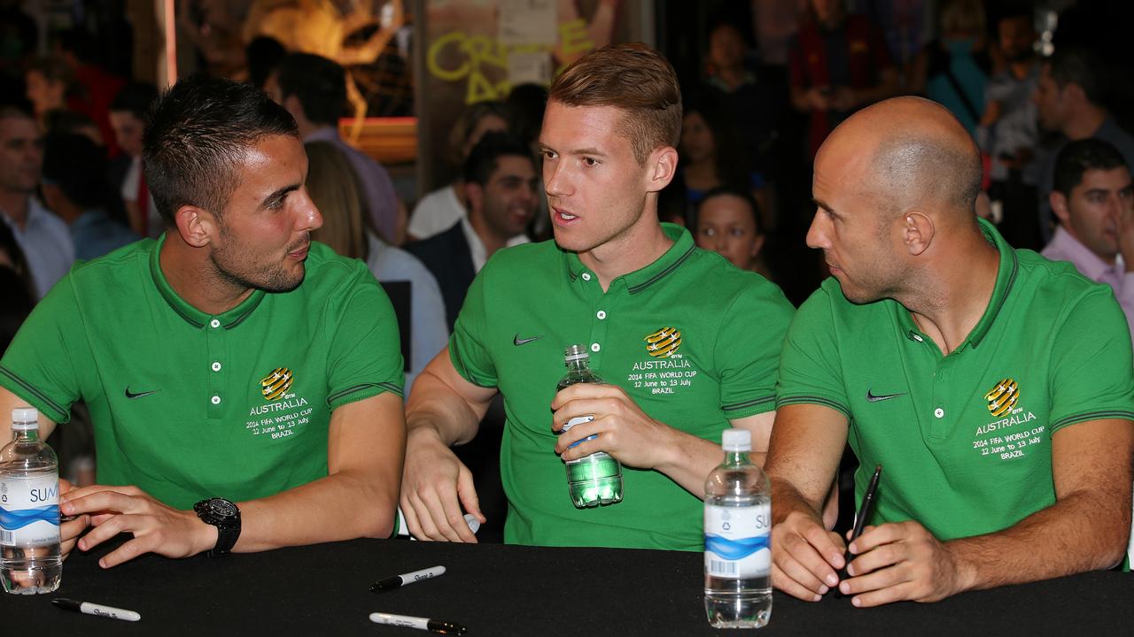 Socceroos Westfeild appearance, Pitt St , Sydney 22nd May, Mark Birighitti, Oliver Bozanic and Mark Bresciano. Pic : George Salpigtidis