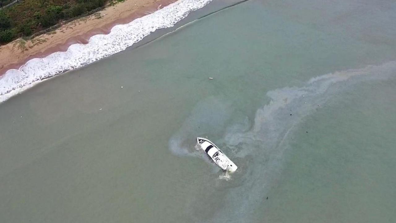 An aerial image of a sunken yacht off the Capricorn Coast.