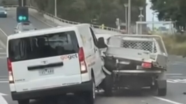 An image from the video of the van after it hit a ute in Newport. Picture: Instagram