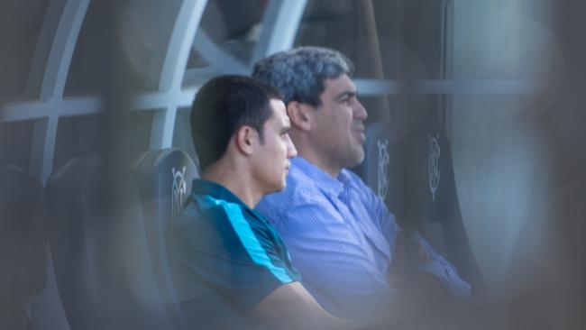 Tim Cahill and NYCFC Sporting Director Claudio Reyna watch  the First Team training.