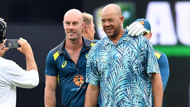 Symonds posing for a photo with Chris Lynn before a Twenty20 international last month. Picture: AAP