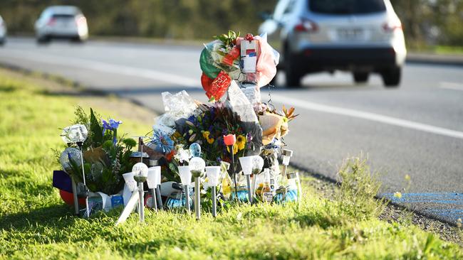 A roadside tribute for Paralowie man Ryan Kelly who was hit by a truck on the Port River Expressway in May. Picture: Mark Brake