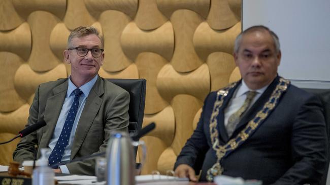 City of Gold Coast's new CEO, David Edwards, at his first council meeting with Mayor Tom Tate, talking up big events. Picture: Jerad Williams