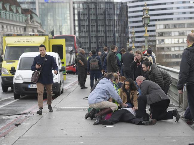 Bodies are strewn across Westminster Bridge after the attack. Picture: Reuters