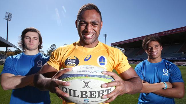 Harry Parker, Chris Kuridrani and Junior Laloifi ashow off the new Brisbane City kit for NRC...all are wingers hunting a Reds contract Pic Jamie Hanson