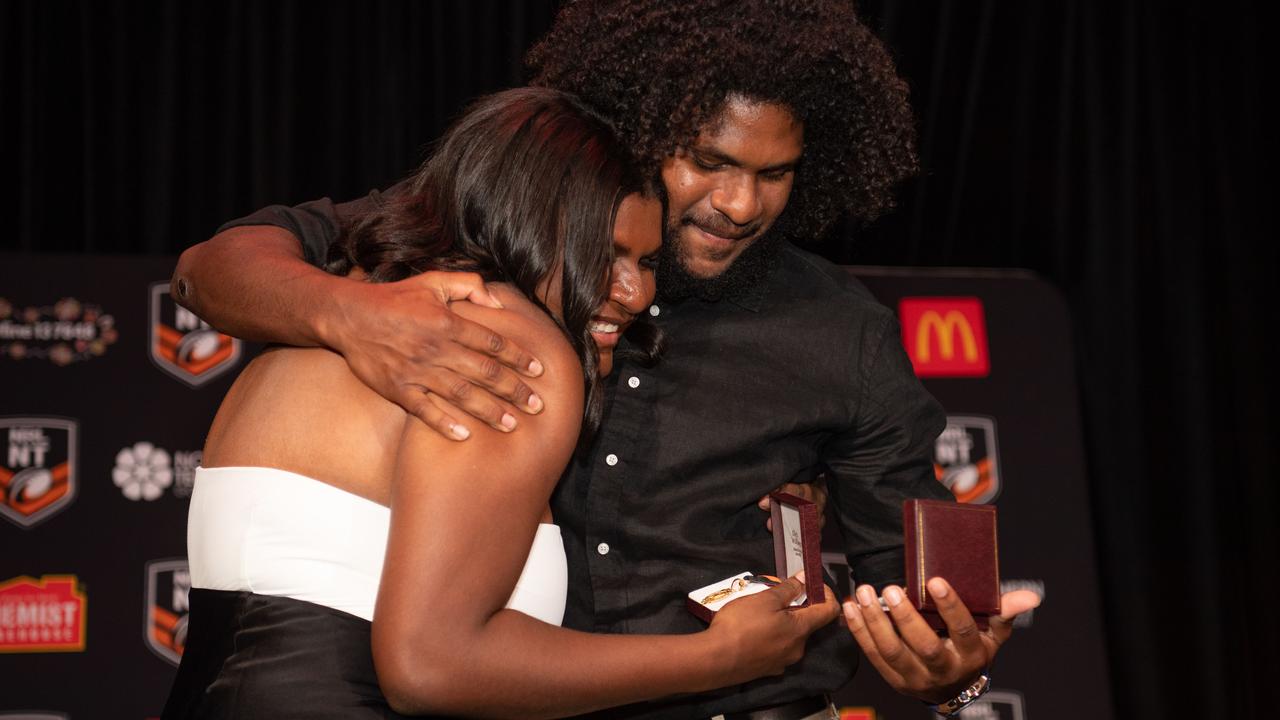 Ellie Niki and Caleb Niki at the 2023 NRL NT Frank Johnson / Gaynor Maggs medal night. Picture: Pema Tamang Pakhrin