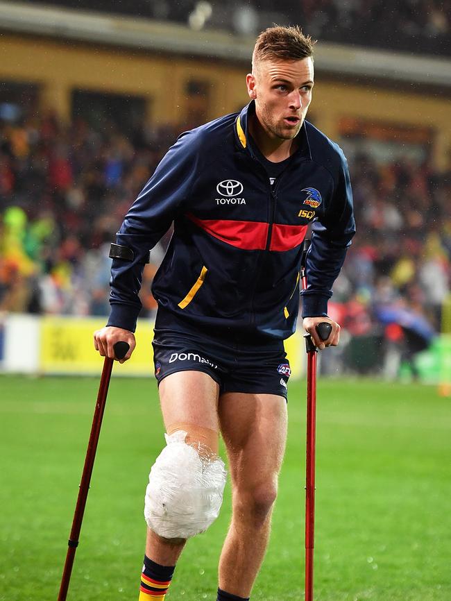 Brodie Smith after rupturing his ACL against Greater Western Sydney at Adelaide Oval in September. Picture: Daniel Kalisz/Getty Images