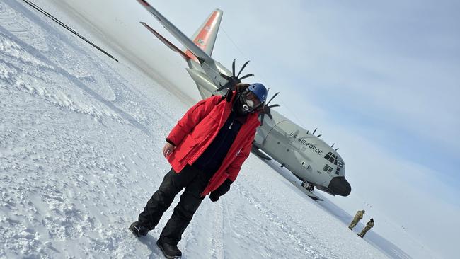 Scientists working at the South Pole like Dr Hill are ferried in and out by specially equipped U.S. air force planes. Picture: Gary Hill, IceCube/NSF.