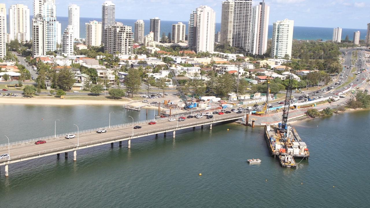 Construction underway on the bridge across the Nerang River.