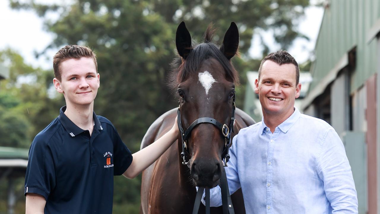 Trainer Joe Pride (right), with his son, Brave, 17 and TJ Smith Stakes runner Private Eye at his Warwick Farm stables on Wednesday. Picture: Justin Lloyd.