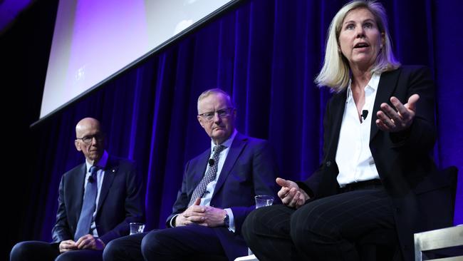 From left: Geoff Wilson, Phil Lowe and Nikki Thomas at the Future Generation Roadshow on Thursday. Picture: John Feder