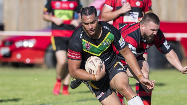 Liam Clark goes over for a Helensvale try against Valleys in pre-season trial rugby league at Herb Steinohrt Oval, Saturday, March 13, 2021. Picture: Kevin Farmer