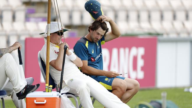 SOUTHAMPTON, ENGLAND - JULY 25: Peter Siddle and Joe Burns of Graeme Hick XII look on during day three of the Australian Cricket Team Ashes Tour match between Brad Haddin XII and Graeme Hick XII at The Ageas Bowl on July 25, 2019 in Southampton, England. (Photo by Ryan Pierse/Getty Images)